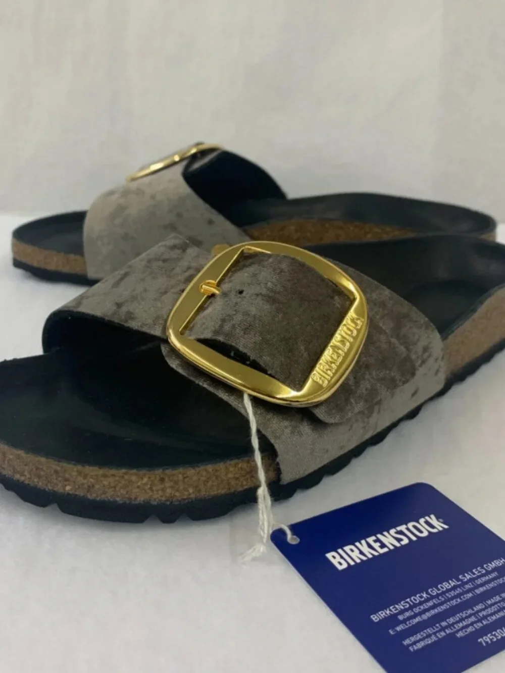 Birkenstock Madrid Big Buckle Rivet Logo Taupe Velvet Exquisite Footbed Narrow